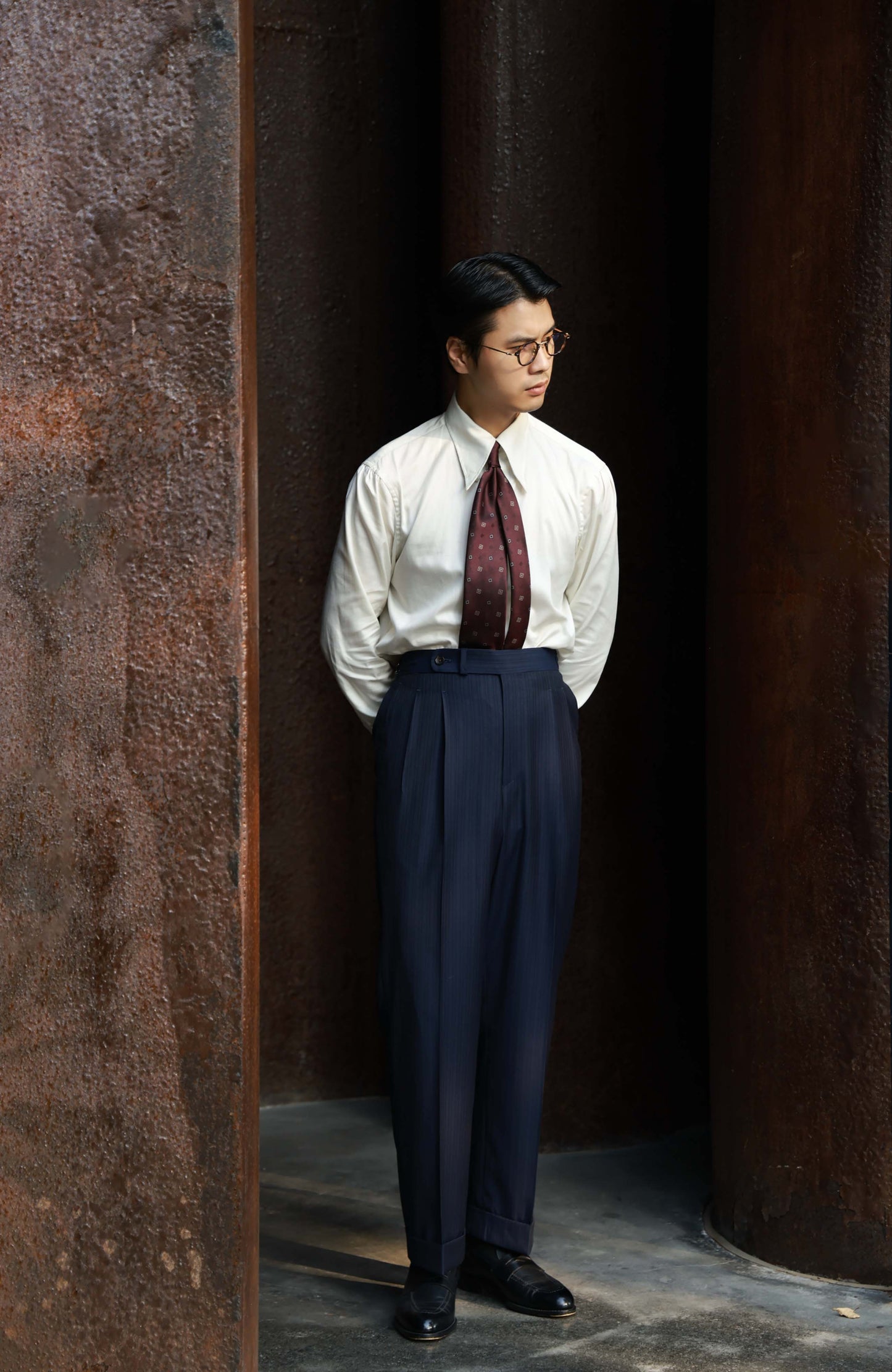 Suit Trousers with Parisian Side Adjusters and High-Waisted — Navy Pin Stripe