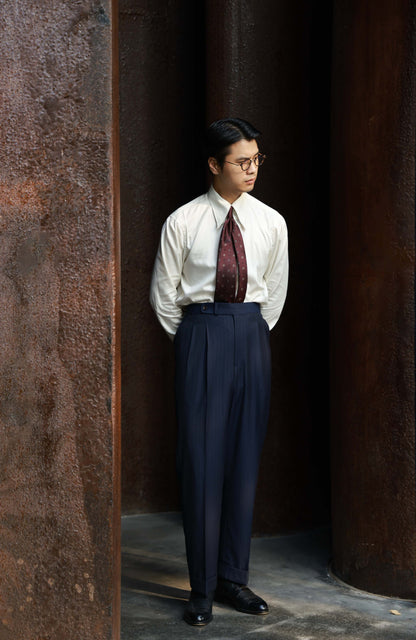 Suit Trousers with Parisian Side Adjusters and High-Waisted — Navy Pin Stripe