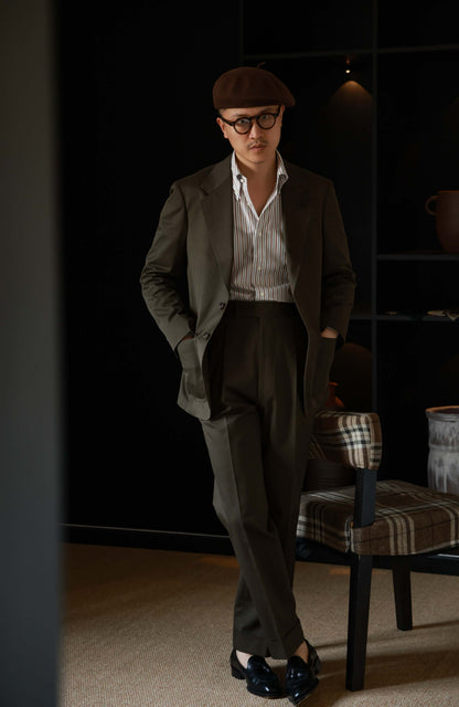 Japanese Heavyweight Cotton Herringbone High-Waisted Trousers with Parisian Side Adjusters — Wild Moss