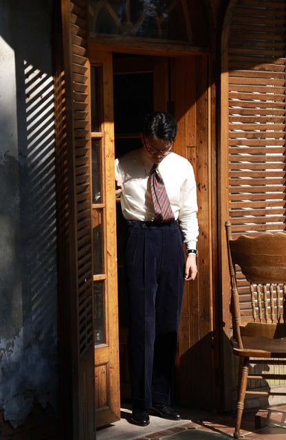 High-Waisted Japanese Corduroy Suit Trousers with Parisian Side Adjusters — Midnight Sheen Navy