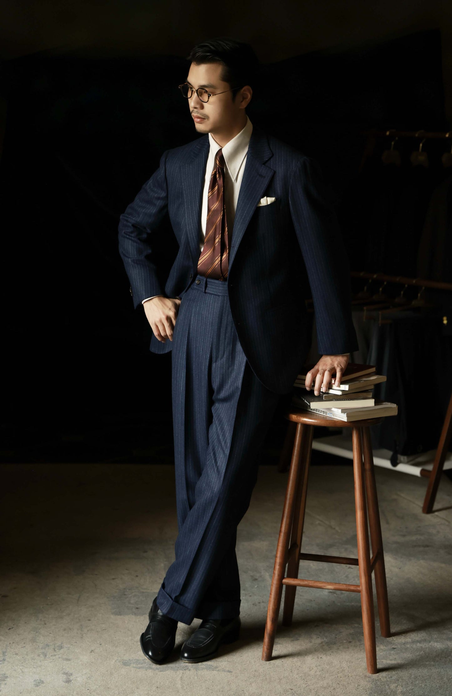 High-Waisted Suit Trousers with Parisian Side Adjusters — Parliament Blue Pinstripe