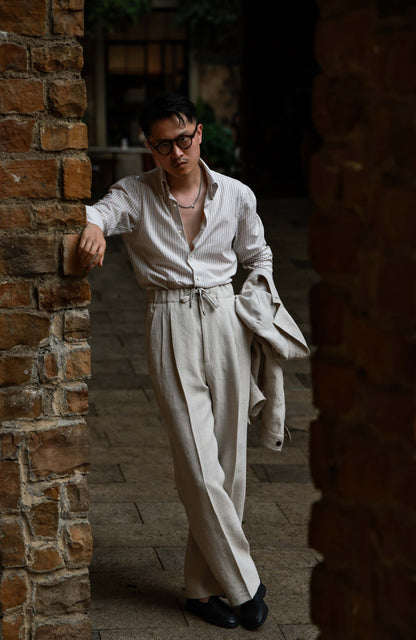 Heavyweight Linen Elasticated Waist with Drawstring Trousers — Harvest Beige