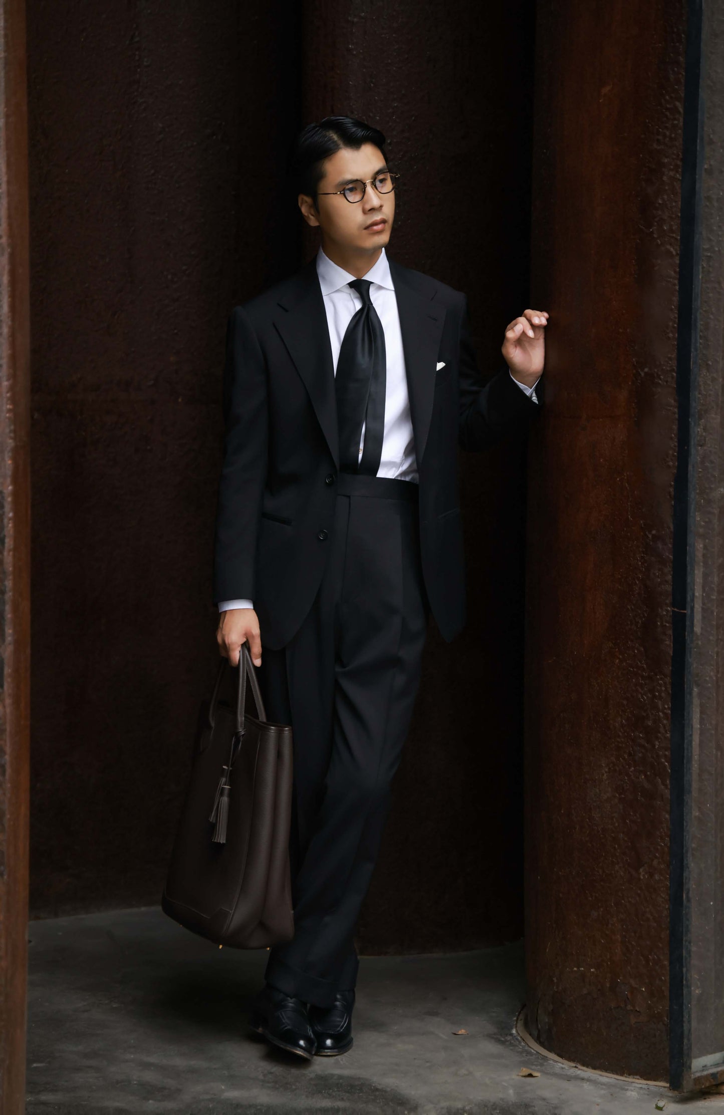 Tollegno 1900 High-Waisted Suit Trousers with Parisian Side Adjusters — Midnight Black