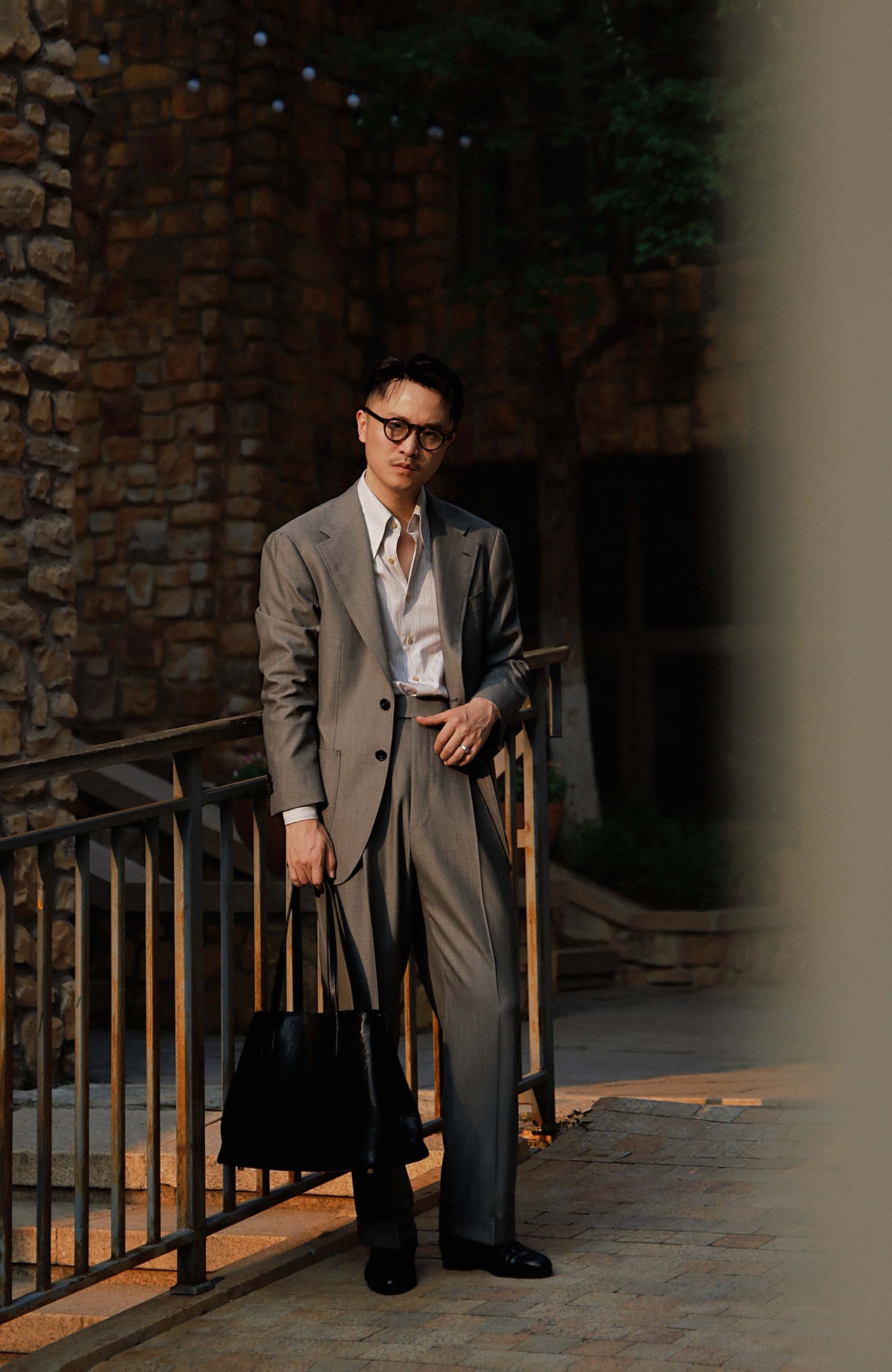 140s Merino Wool High-Waisted Suit Trousers with Side-Adjusters — Stone Grey Herringbone