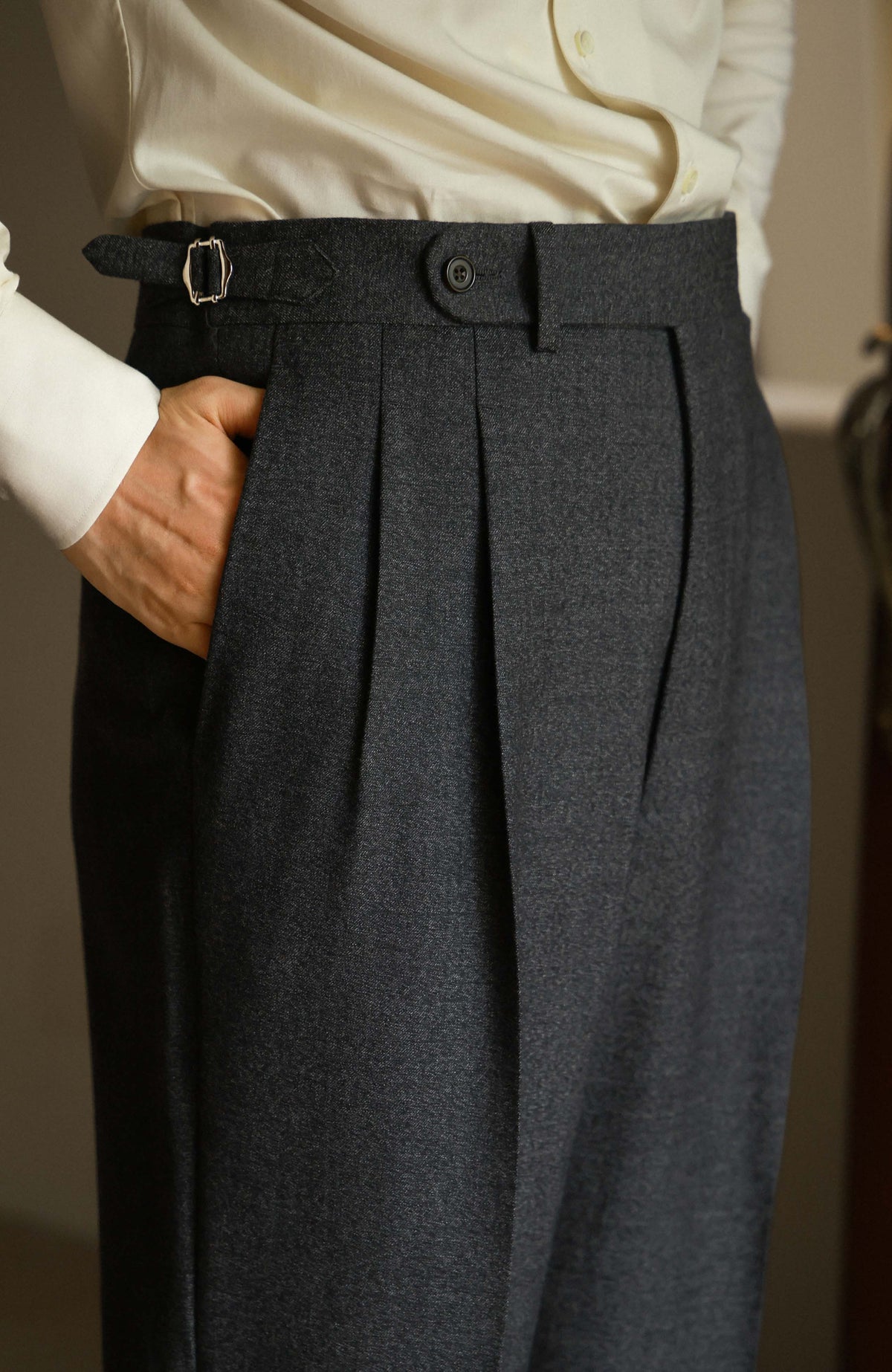 High-Waisted Straight-Leg Trousers with Side-Adjusters — Ridge Mist Grey