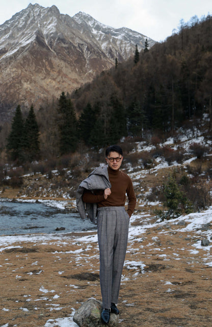 High-Waisted Flannel Suit Trousers with Parisian Side Adjusters — Prince of Wales Check