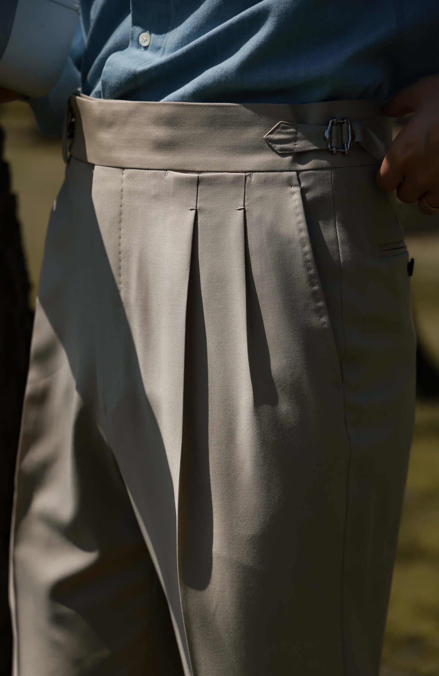 High-Waisted Suit Trousers with Side Adjusters — Sandstone Mist
