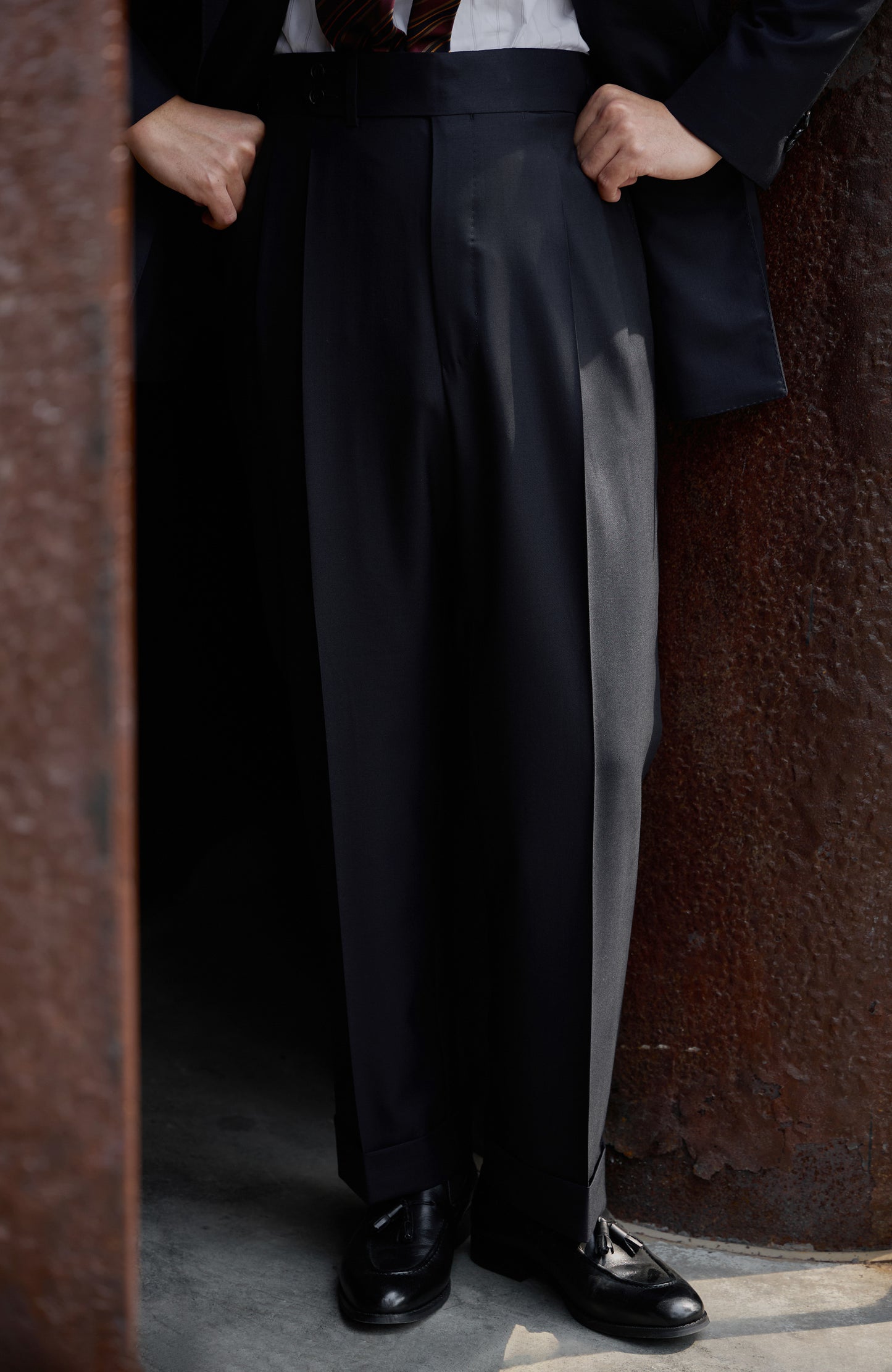 「Louvre Phantom Blue」Suit Trousers with Parisian Side Adjusters and Double-Pleated