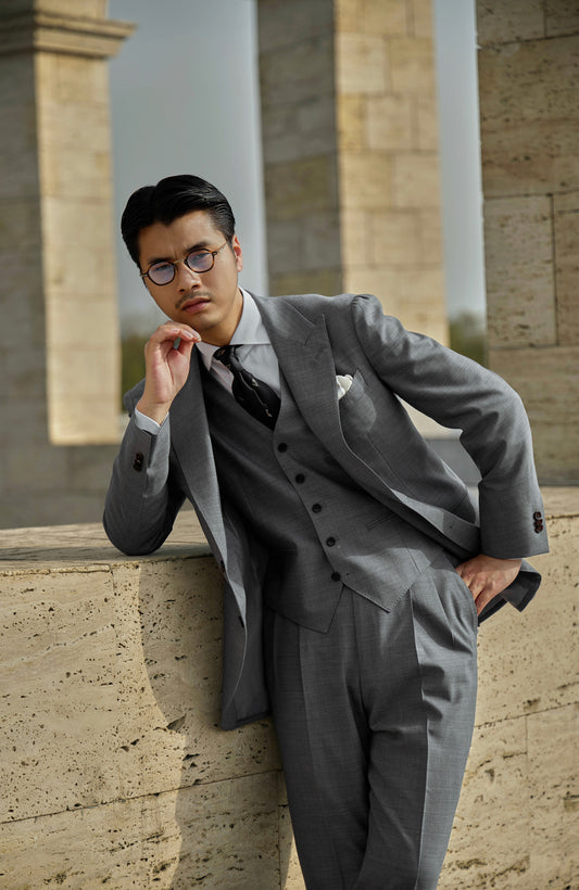 「London Grey」Italian-style Peaked Lapel Merino Wool Suit Jacket