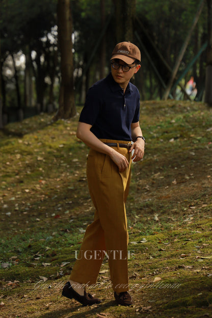 「Navy Blue」combed cotton Shell Buttons Knit Short-Sleeve Polo Shirt