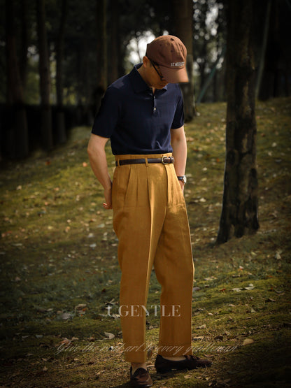 「Navy Blue」combed cotton Shell Buttons Knit Short-Sleeve Polo Shirt