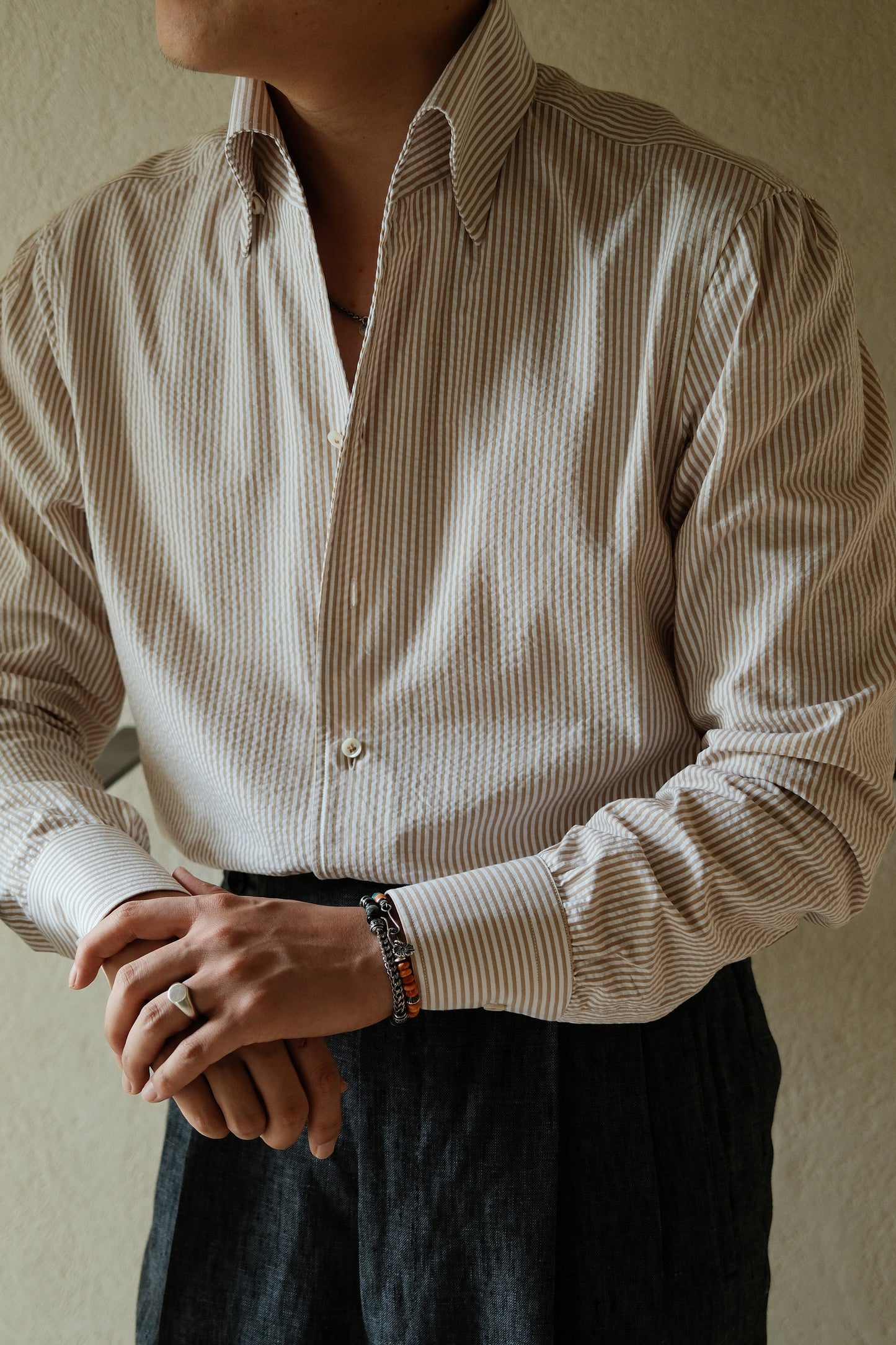 One-piece Collar Shirt — Brown Pencil Stripe Seersucker
