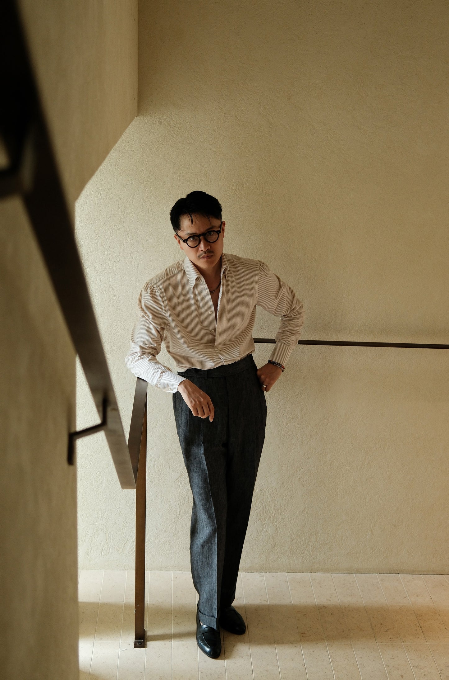 One-piece Collar Shirt — Brown Pencil Stripe Seersucker