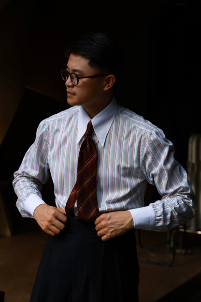 Handcrafted Long Point Collar Shirt with Contrast Collar & Cuffs — Capri Stripes