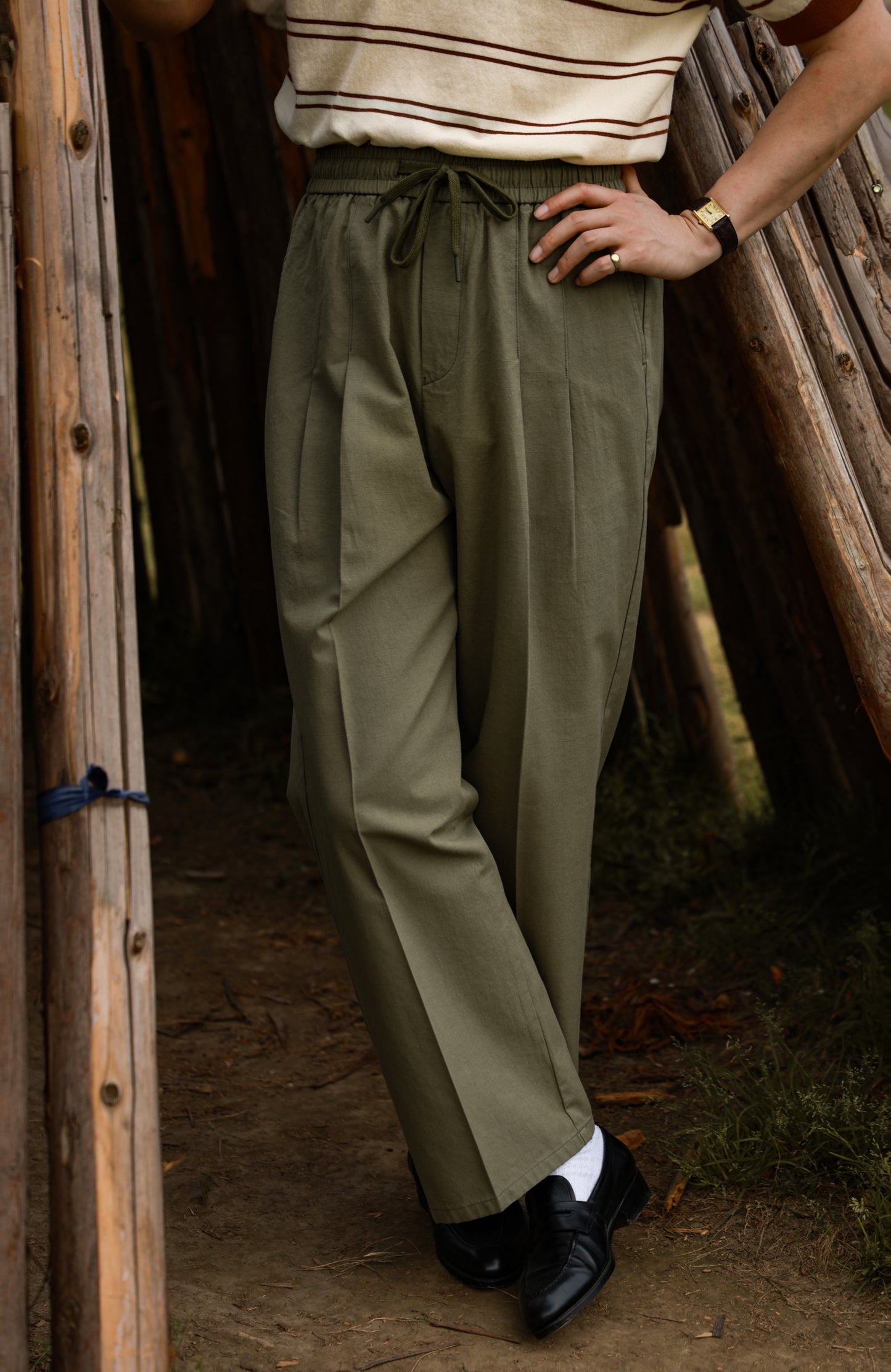 "Spring Water Tea" cotton and linen drawstring casual pants 