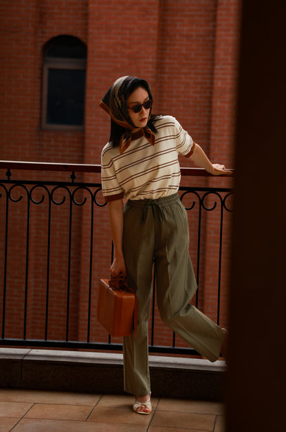 "Spring Water Tea" cotton and linen drawstring casual pants 