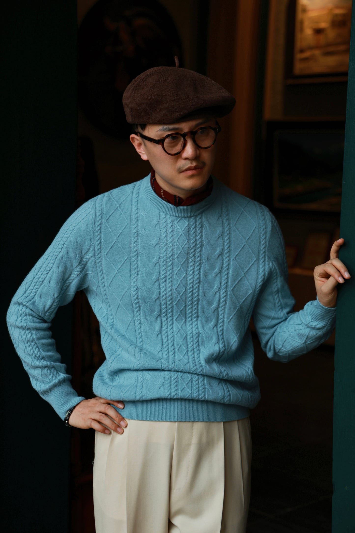 "Nordic Blue Cable Knit" Crew Neck Sweater 