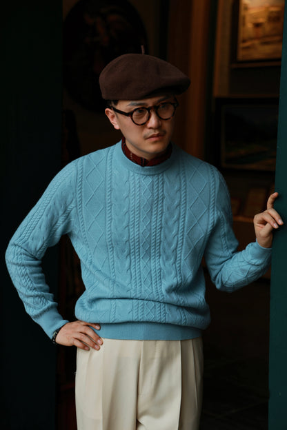 "Nordic Blue Cable Knit" Crew Neck Sweater 