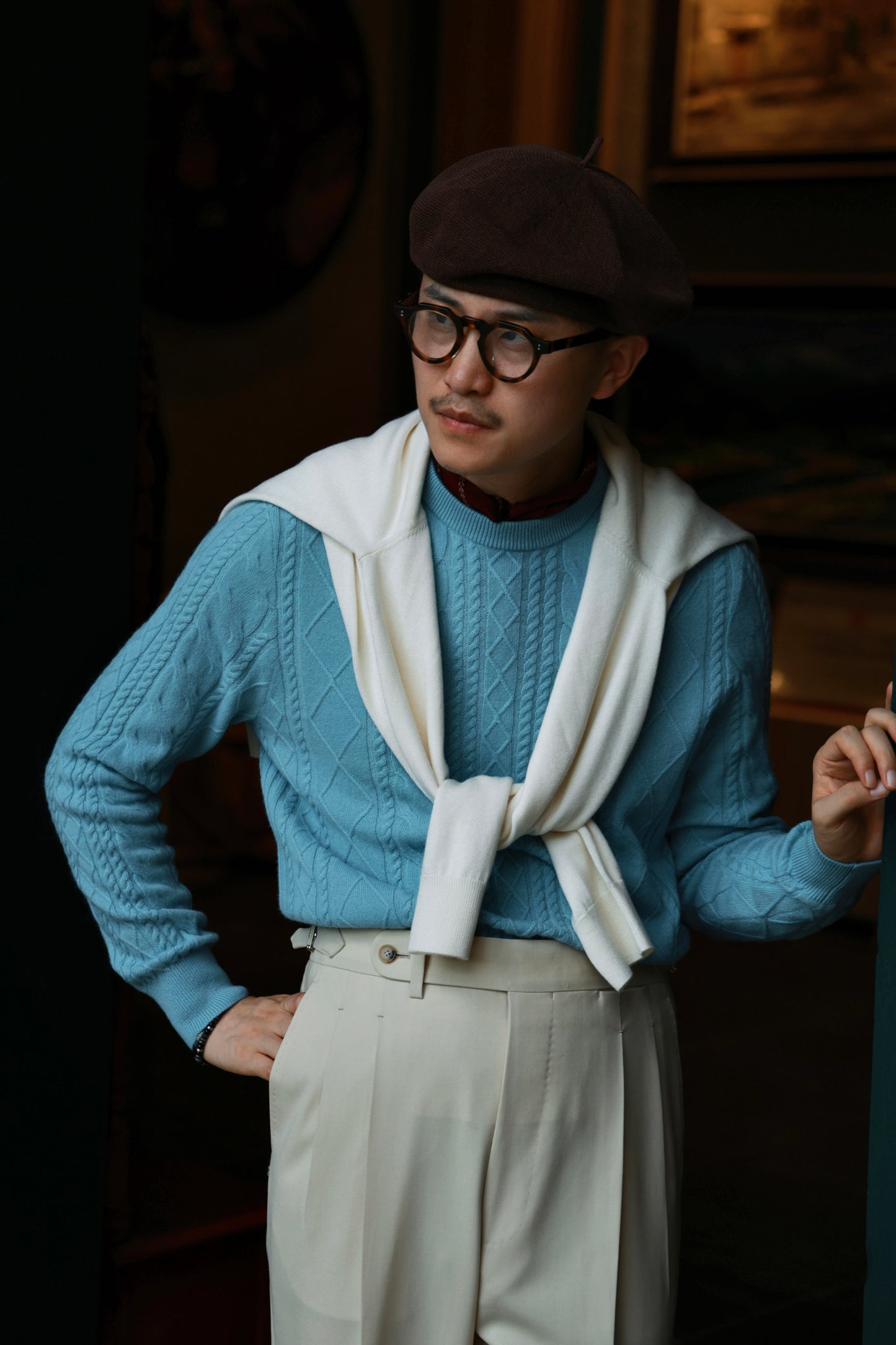 "Nordic Blue Cable Knit" Crew Neck Sweater 