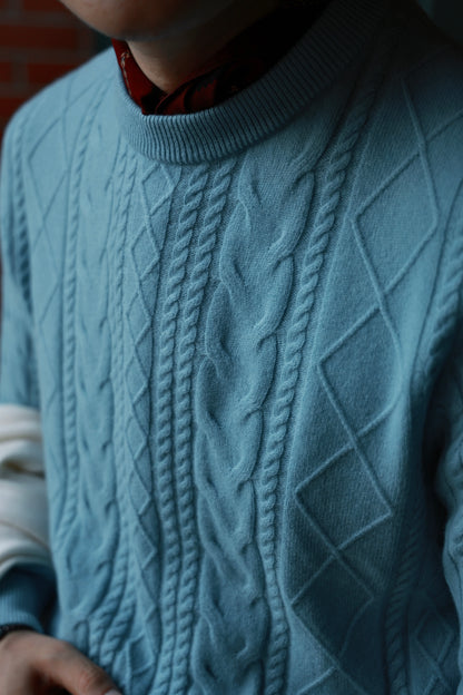 "Nordic Blue Cable Knit" Crew Neck Sweater 