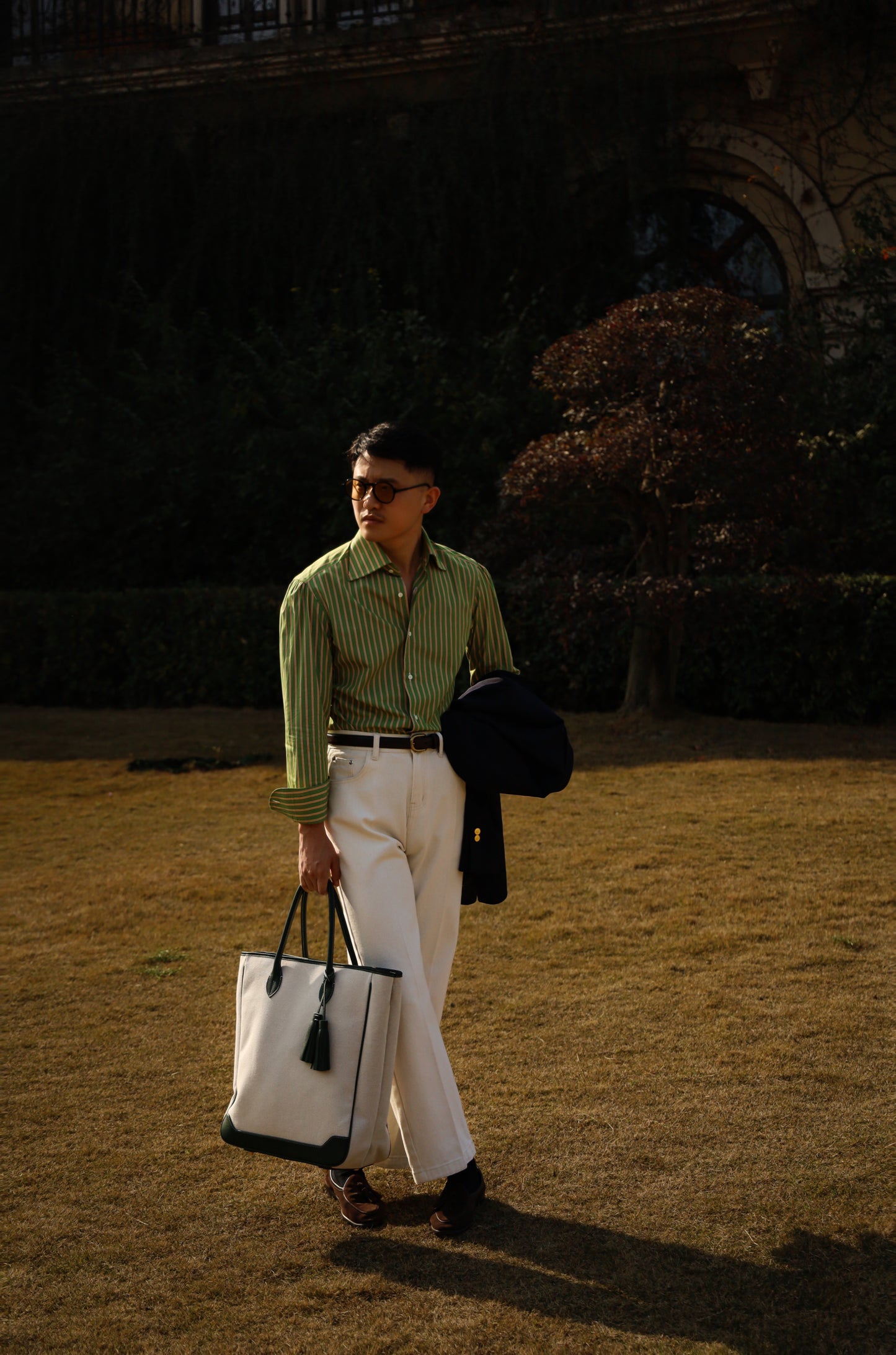 Handcrafted Spread Collar Shirt — Plum Green & Orange Stripes