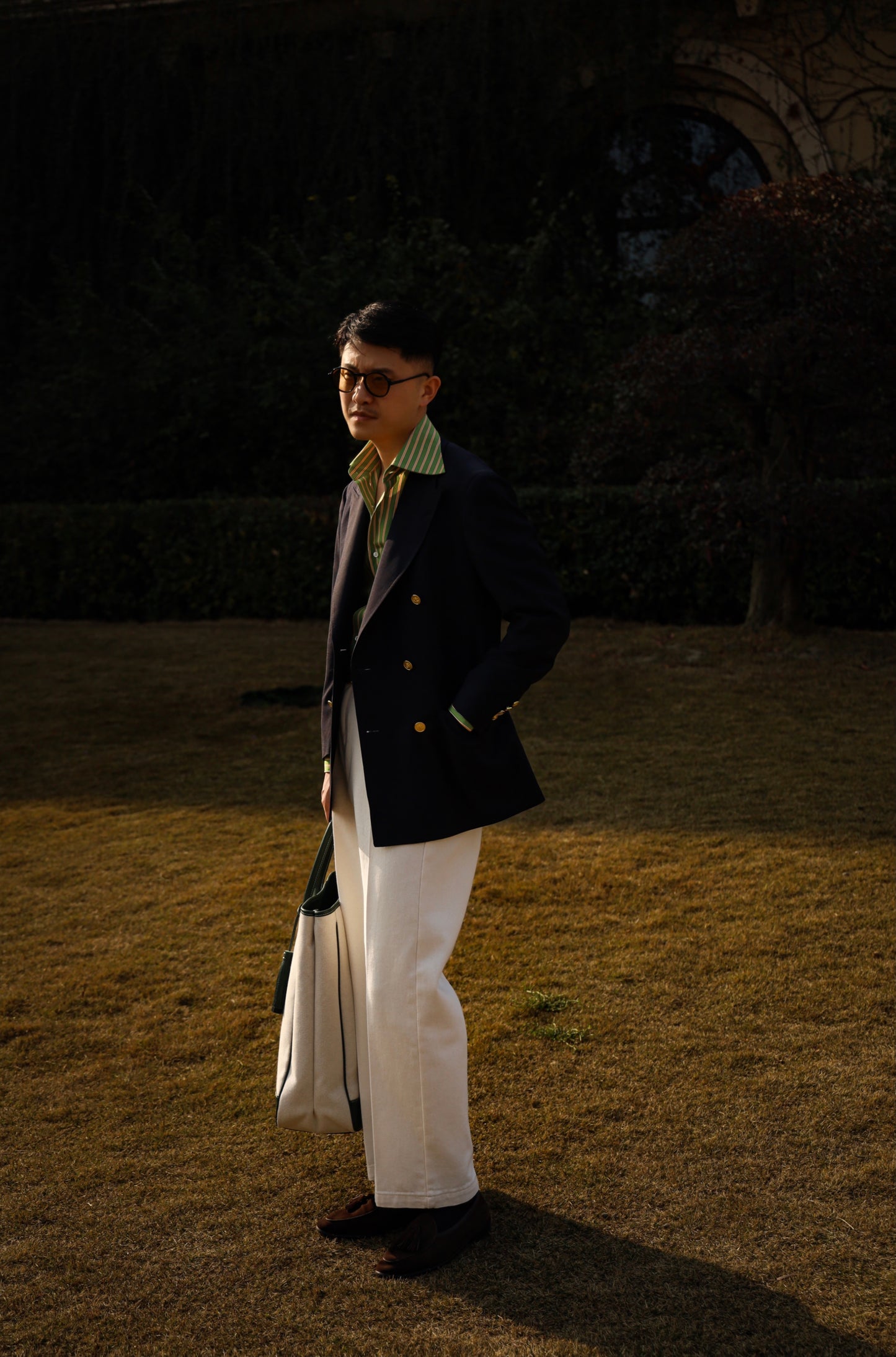 Handcrafted Spread Collar Shirt — Plum Green & Orange Stripes