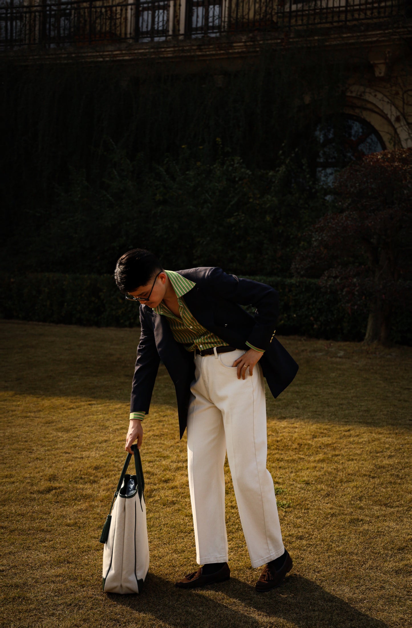 Handcrafted Spread Collar Shirt — Plum Green & Orange Stripes