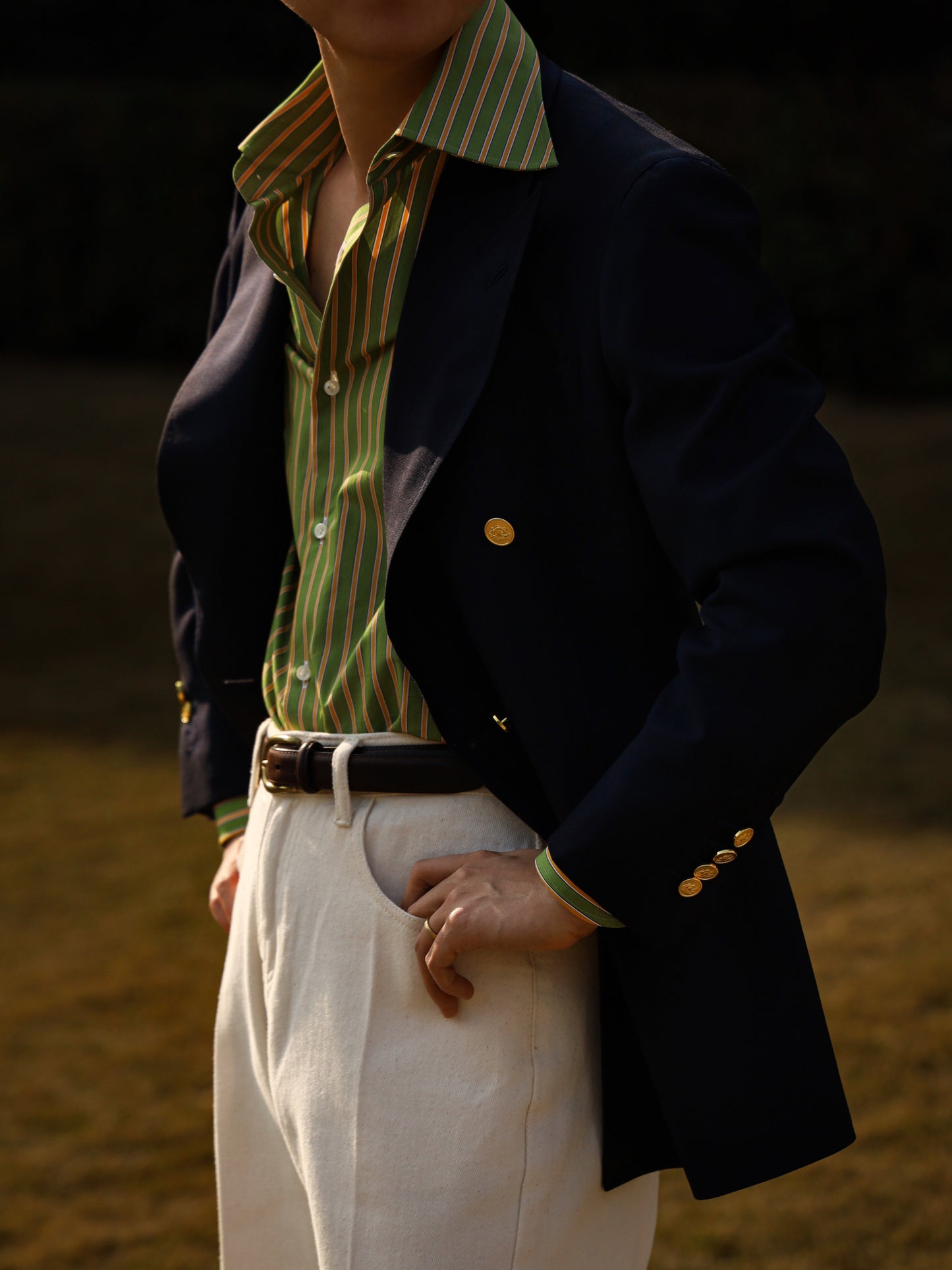 Handcrafted Spread Collar Shirt — Plum Green & Orange Stripes