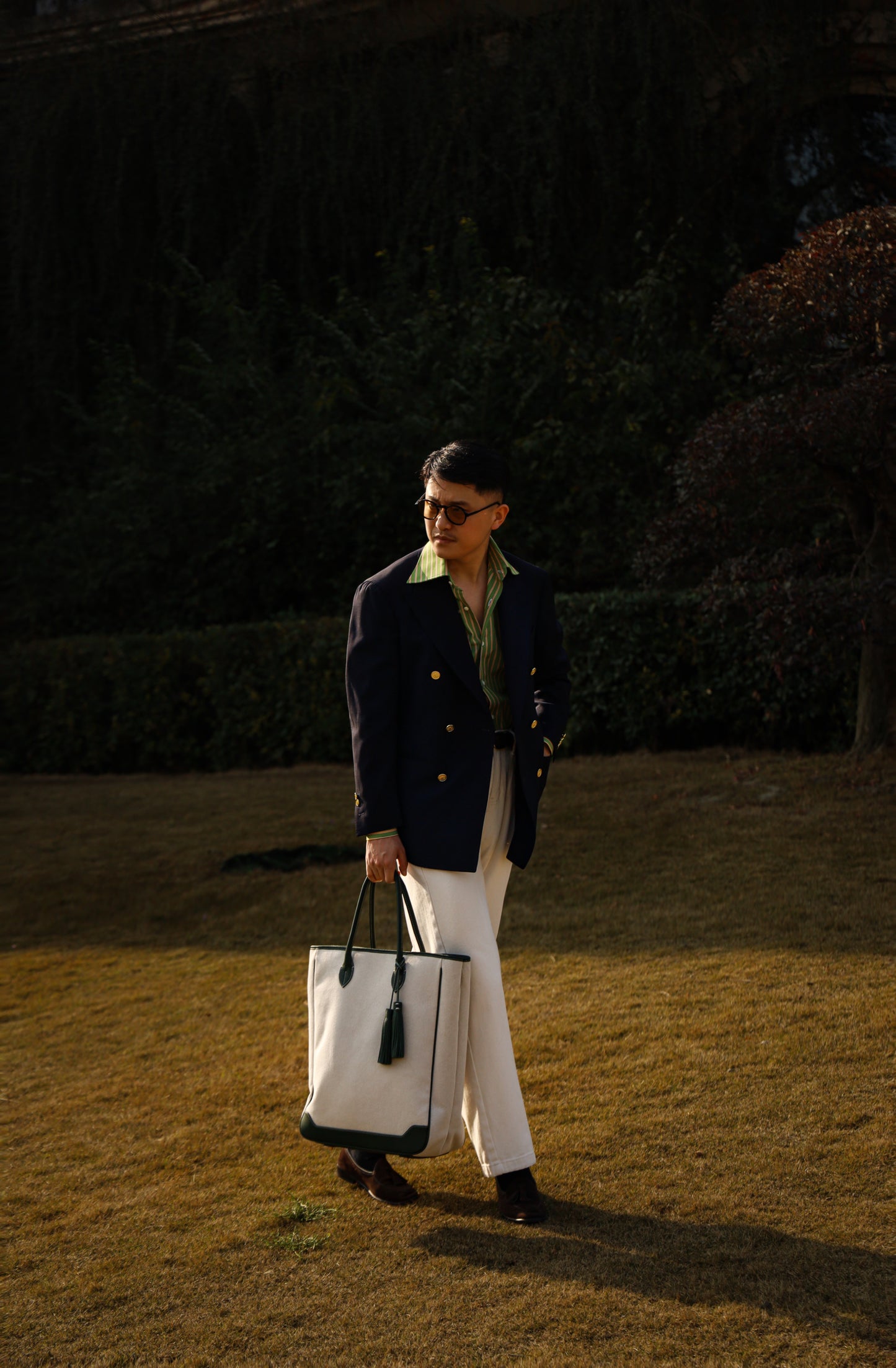 Handcrafted Spread Collar Shirt — Plum Green & Orange Stripes