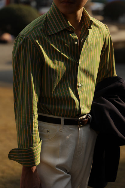 Handcrafted Spread Collar Shirt — Plum Green & Orange Stripes