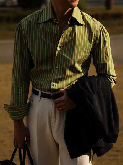 Handcrafted Spread Collar Shirt — Plum Green & Orange Stripes
