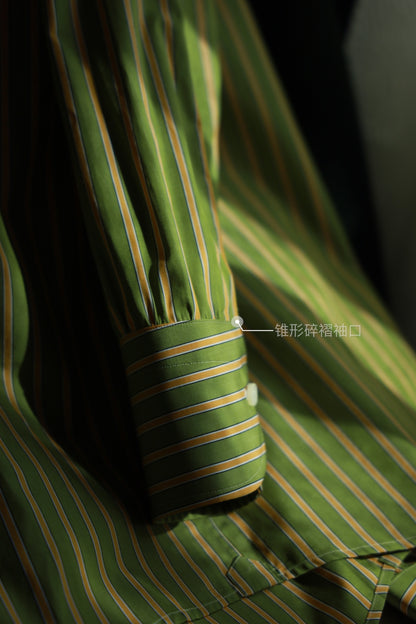 Handcrafted Spread Collar Shirt — Plum Green & Orange Stripes