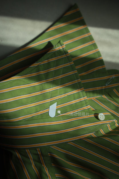 Handcrafted Spread Collar Shirt — Plum Green & Orange Stripes