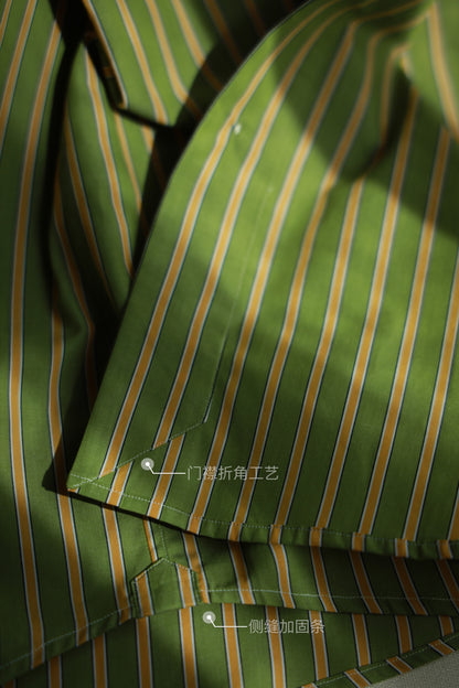 Handcrafted Spread Collar Shirt — Plum Green & Orange Stripes