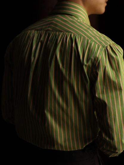 Handcrafted Spread Collar Shirt — Plum Green & Orange Stripes