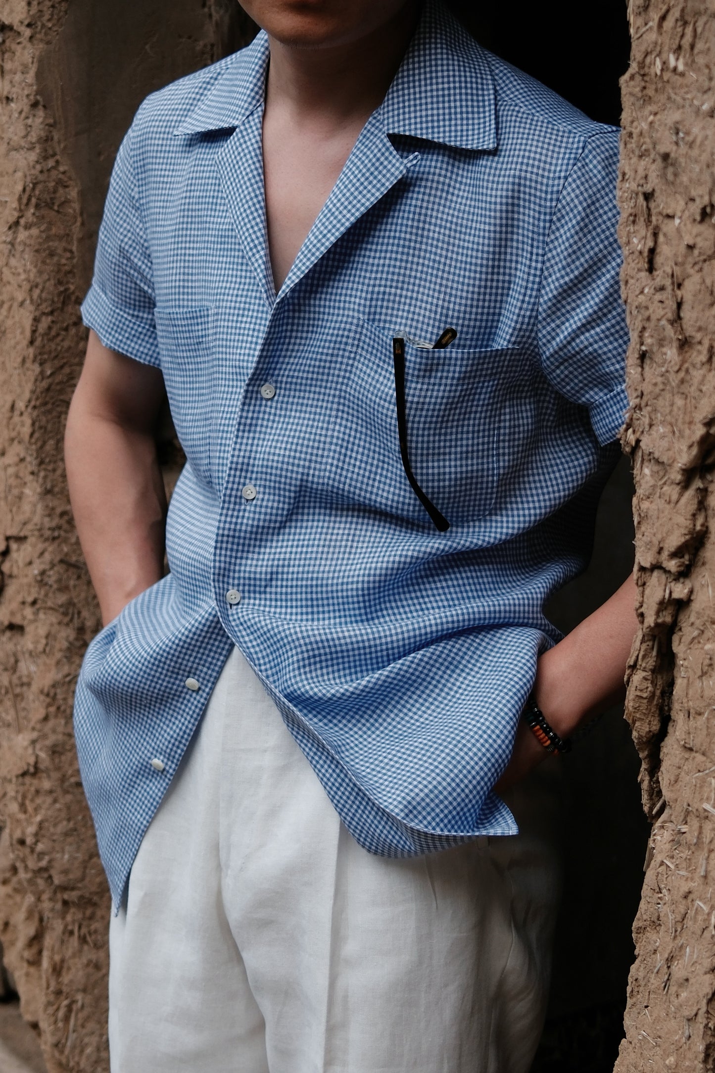 Cuban Collar Short Sleeve Linen Shirt — Blue Gun Club Check