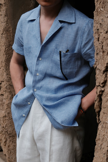 Cuban Collar Short Sleeve Linen Shirt — Blue Gun Club Check