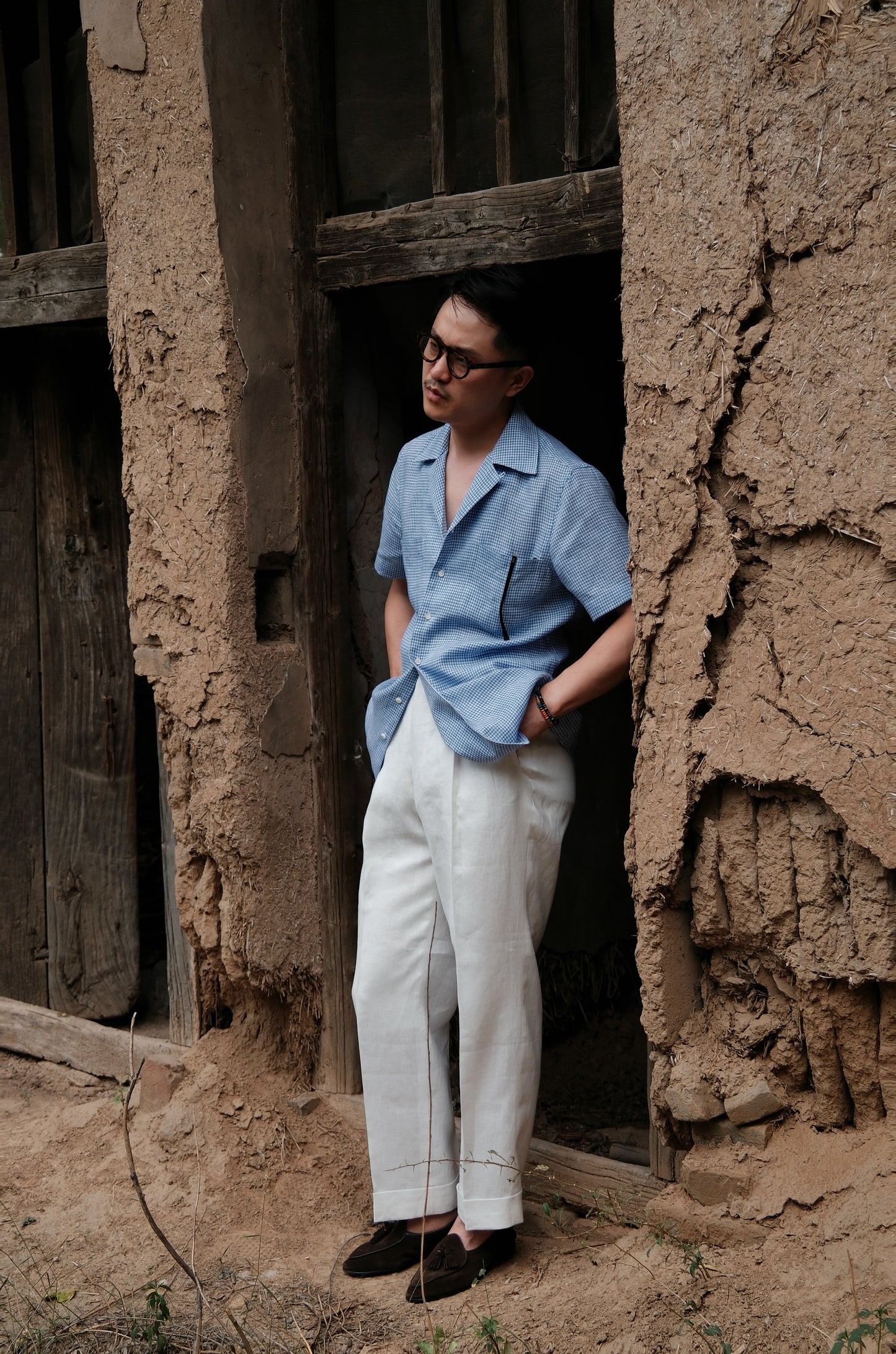 Cuban Collar Short Sleeve Linen Shirt — Blue Gun Club Check