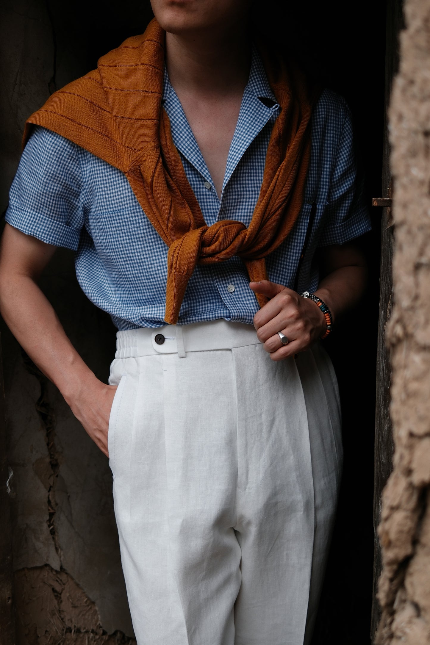 Cuban Collar Short Sleeve Linen Shirt — Blue Gun Club Check