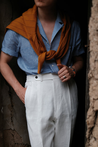 Cuban Collar Short Sleeve Linen Shirt — Blue Gun Club Check