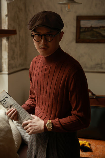 "Sunset Red Maple" Ribbed Half Turtleneck Sweater 