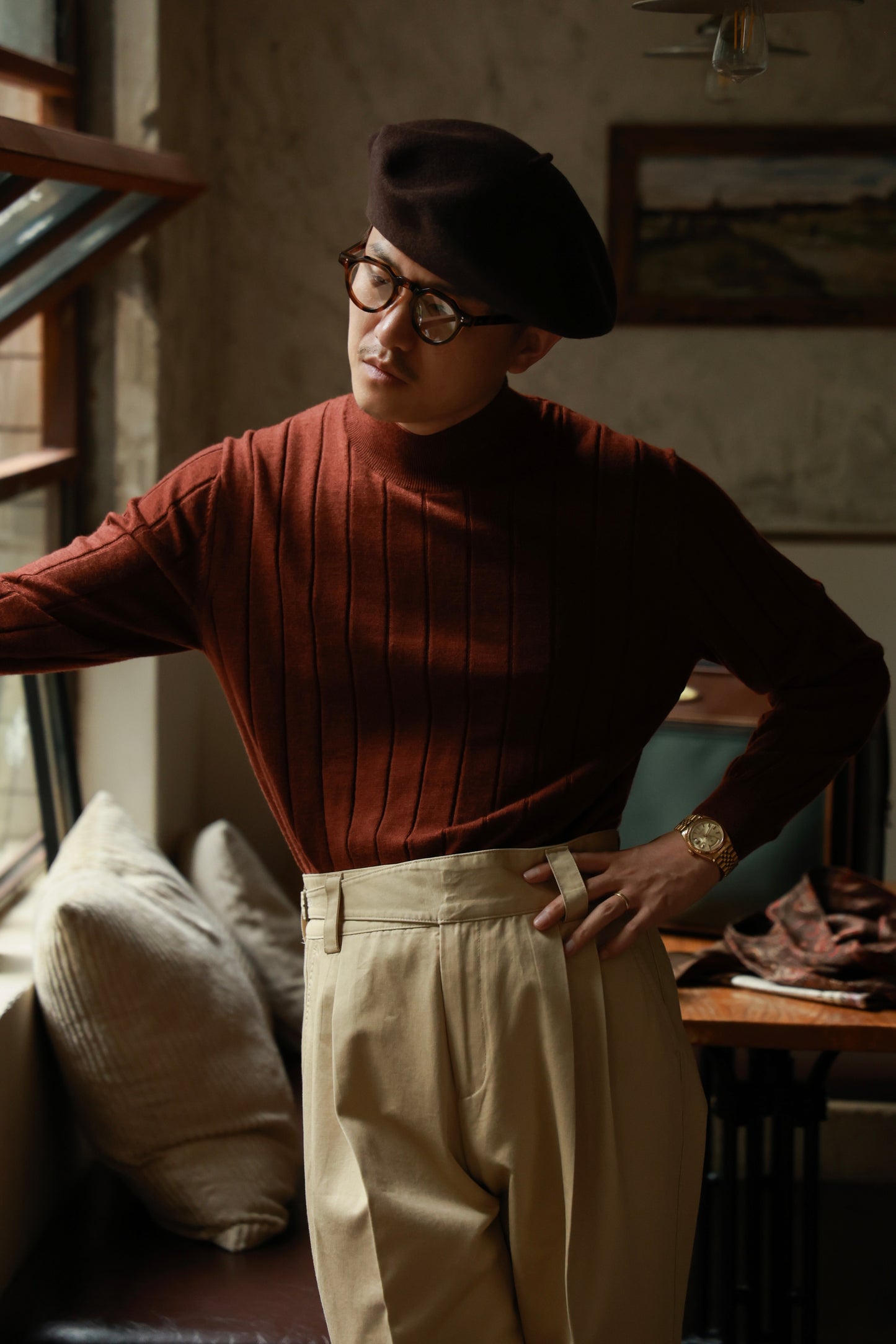 "Sunset Red Maple" Ribbed Half Turtleneck Sweater 