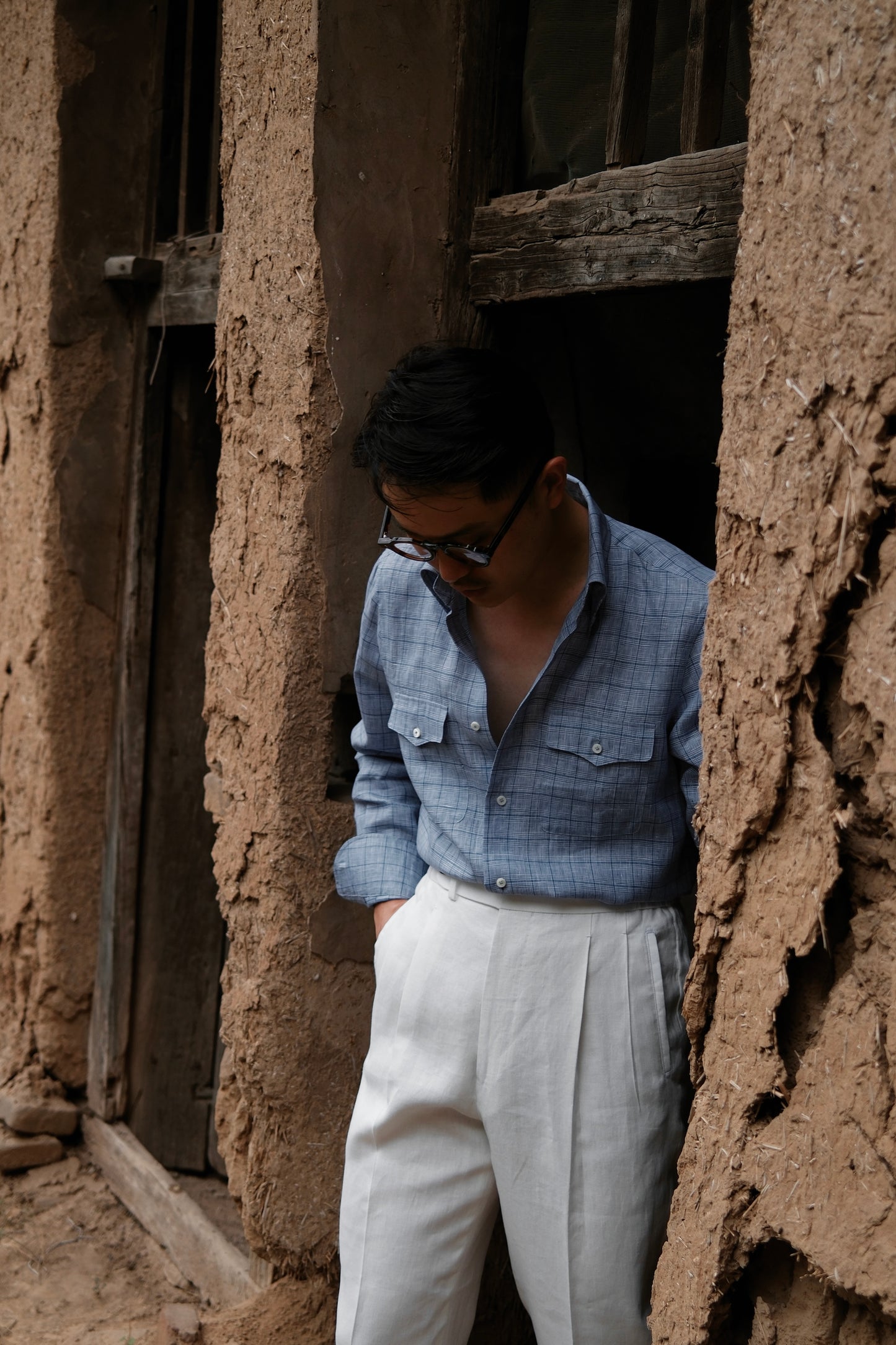 Button Down Collar Linen Shirt — Misty Blue Check