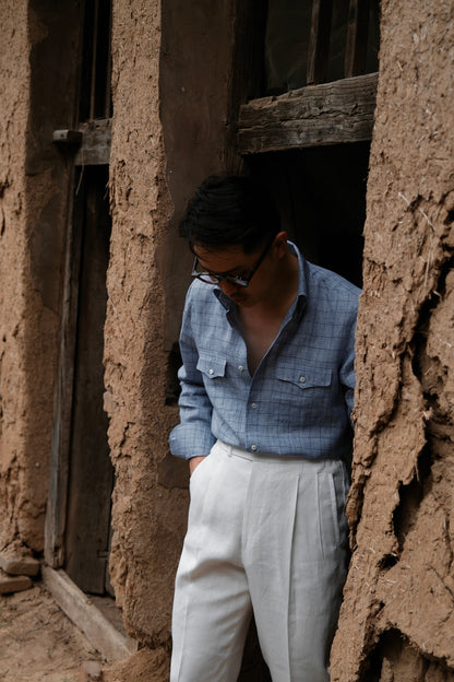 Button Down Collar Linen Shirt — Misty Blue Check