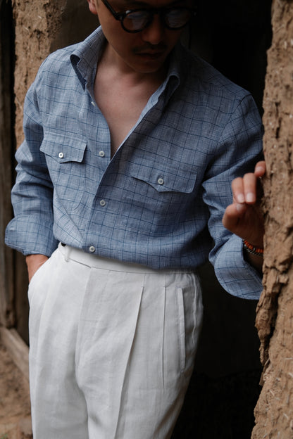 Button Down Collar Linen Shirt — Misty Blue Check