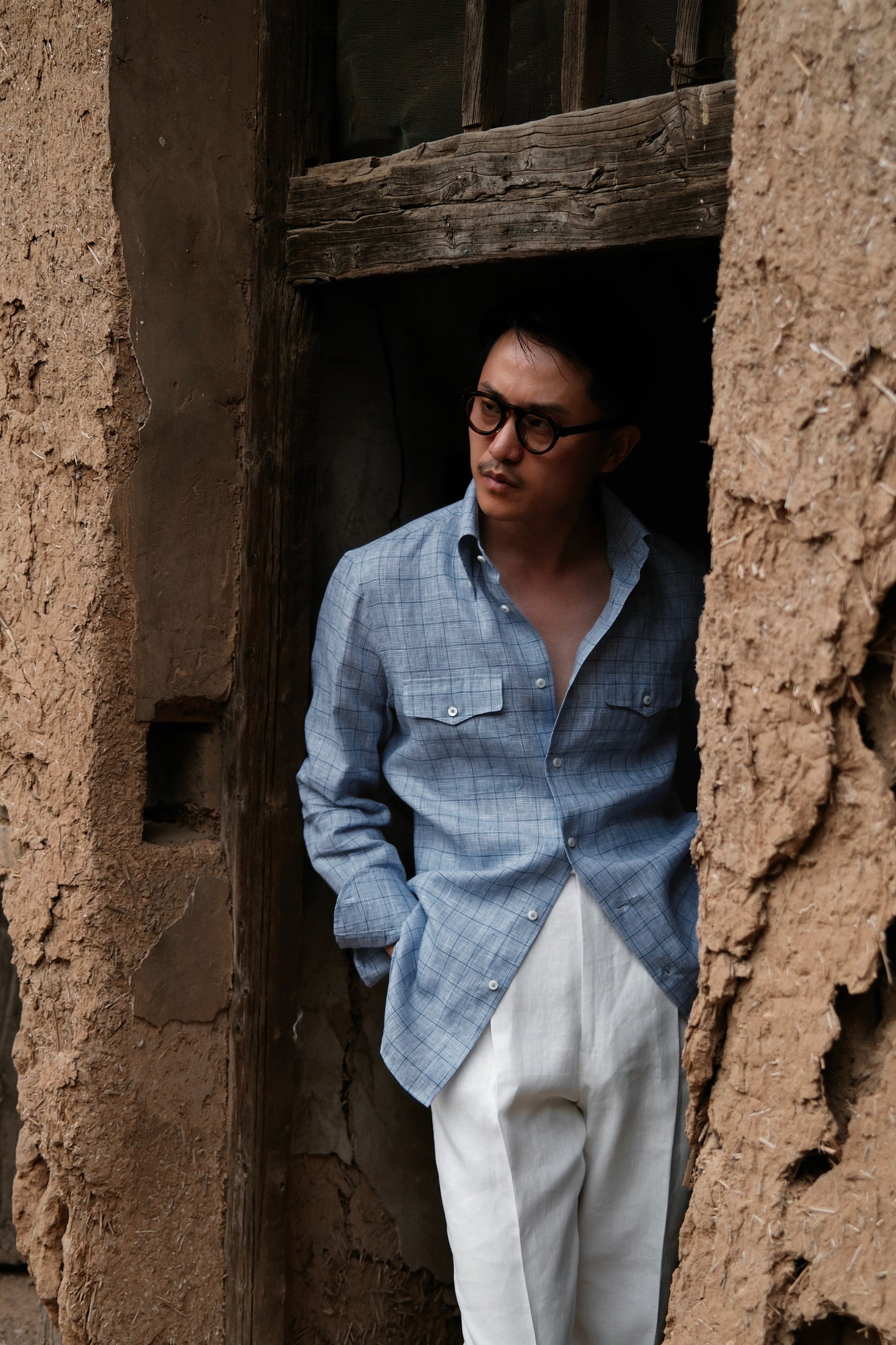 Button Down Collar Linen Shirt — Misty Blue Check