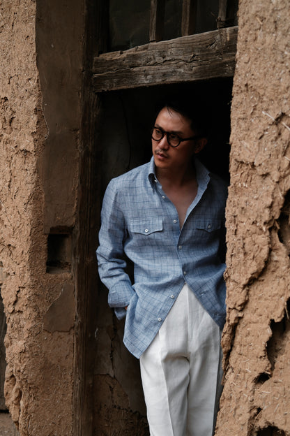 Button Down Collar Linen Shirt — Misty Blue Check