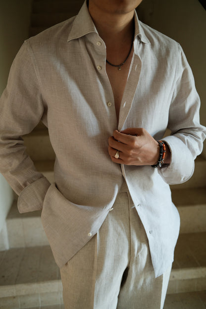 Spread Collar Linen Shirt — Brown Check