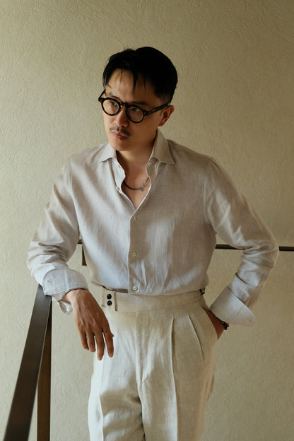 Spread Collar Linen Shirt — Brown Check