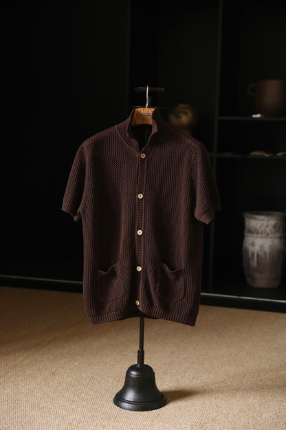Openwork Hard-Twist Cotton Short-Sleeve Cardigan — Palm Stain